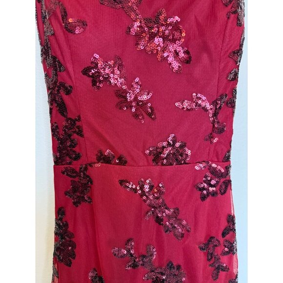 Sequined Burgundy Halter Evening Gown With Floral Embellishments & Lace-Up Back - Picture 2 of 6